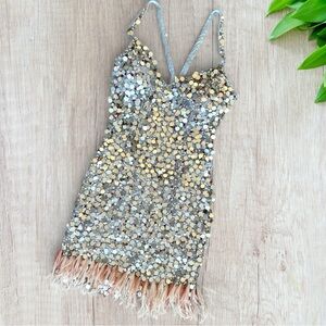 MacDuggal Couture Silver Sequin and Pink Feather Mini Party Dress Size 6